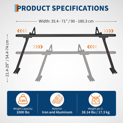 Adjustable Aluminum Truck Ladder Rack 35.4–71 in, 800 LB Heavy-Duty Pickup Bed Cargo System with Drilling Mount for Kayak, Surfboard, Lumber & Work Equipment - Black