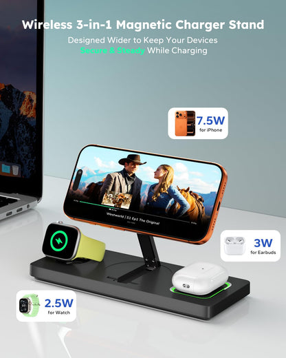 Foldable 3 in 1 Charging Station for Magsafe, Magnetic Phone and Watch Charger Stand for Apple Devices, Wireless Desk Charger Dock for iPhone 17 16 15 14 13 12 Series, Apple Watch and Airpods