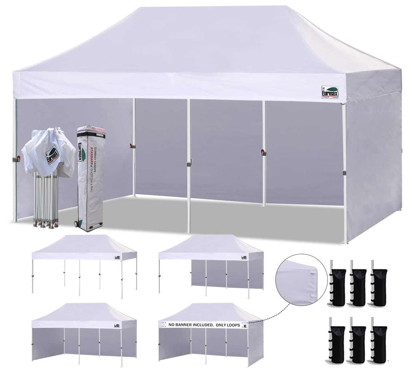 Eurmax USA 10x20 Pop Up Canopy Tent,Commercial Tent with Patented No-Tip Rolling Bag,4 Zippered Removable Walls,UV & Water Resistant Canopy Top,Heavy Duty Outdoor Gazebo,Instant Shelter(White)