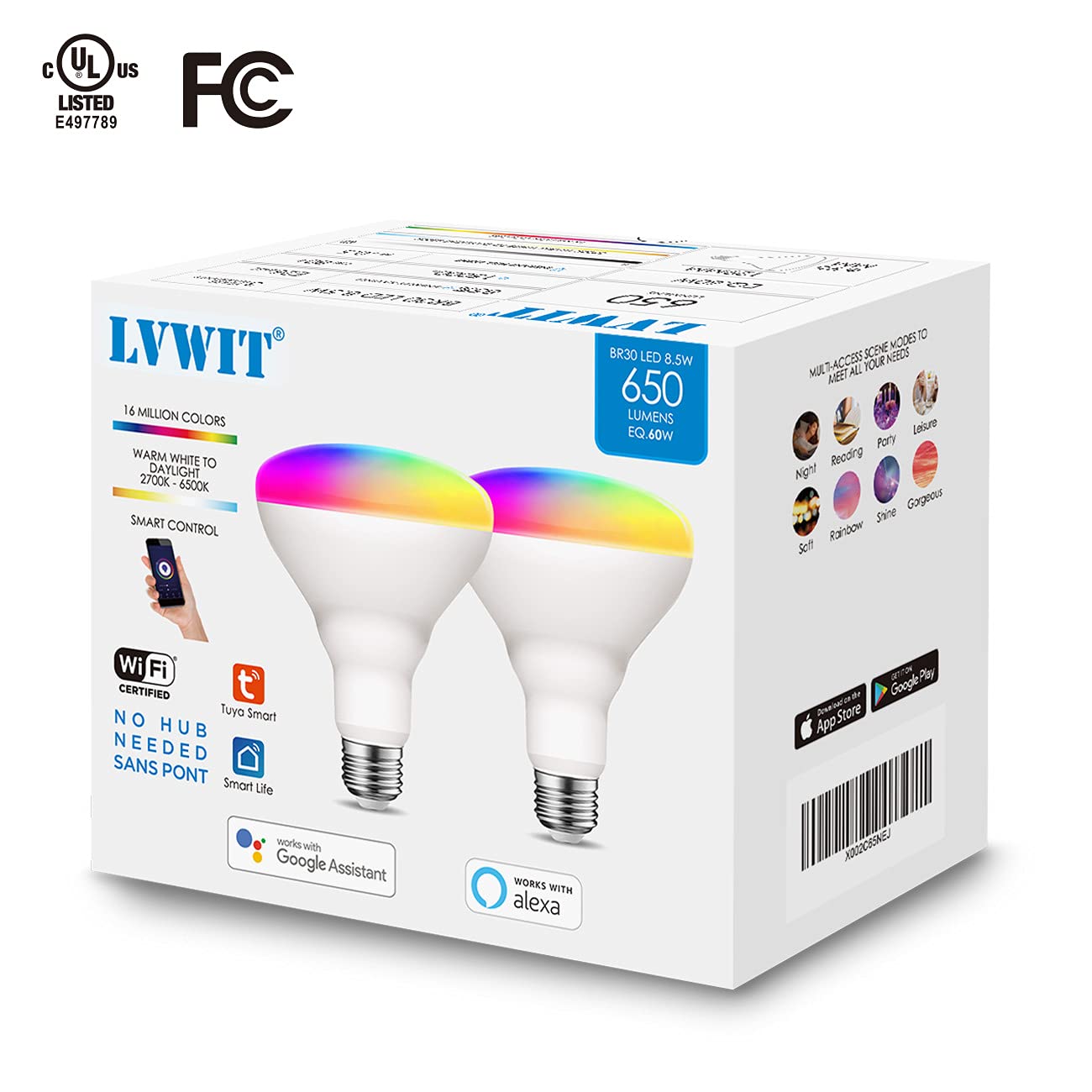 LVWIT Smart Light Bulbs Alexa, BR30 100W Equivalent, E26 Smart LED, Work with Google Assistant, Smart Life App, Tuya App, Dimmable 1300 Lumens RGB Color Changing Bulb (13W), No Hub Required, 4-Pack