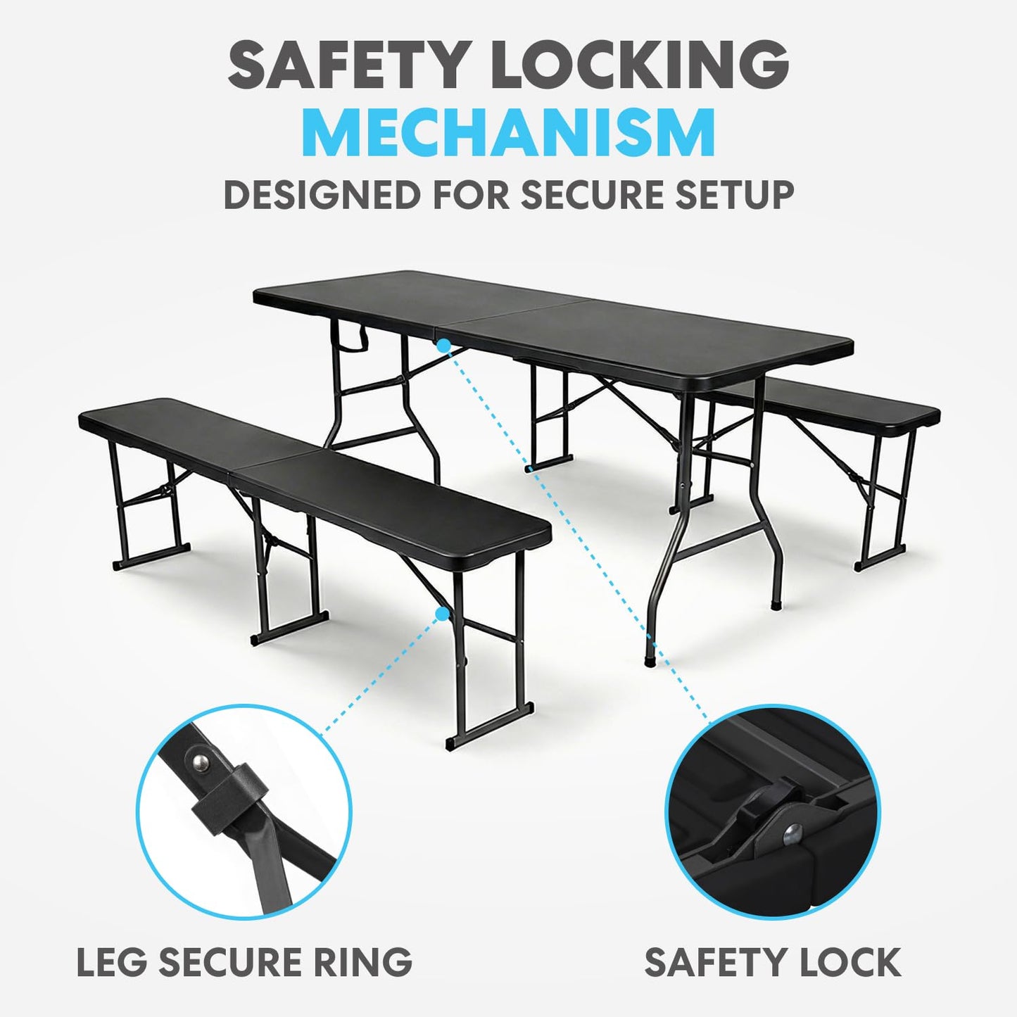 Simpli-Magic 6 Foot Folding Picnic Table Set with 2 Benches Portable Indoor Outdoor Camping Table for Working Meeting Party Picnic Weddings with Handle and Safety Locks Black