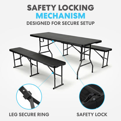 Simpli-Magic 6 Foot Folding Picnic Table Set with 2 Benches Portable Indoor Outdoor Camping Table for Working Meeting Party Picnic Weddings with Handle and Safety Locks Black