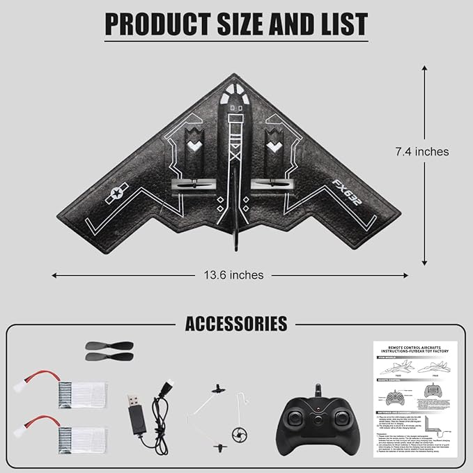 fisca RC Airplane Remote Control B-2 Spirit Stealth Bomber Plane 2.4Ghz 2CH Foam Drone Ready to Fly Aircraft Toy for Kids and Adults