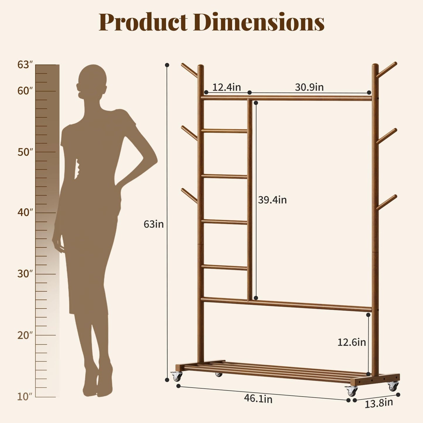 Yoobure Solid Wood Clothing Rack - Rolling Clothes Rack with Wheels, 4-in-1 Coat Rack with Pants Rack & Shelf, Freestanding Clothing Racks for Hanging Clothes, Garment Rack for Closet Bedroom Entryway