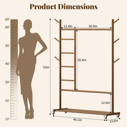 Yoobure Solid Wood Clothing Rack - Rolling Clothes Rack with Wheels, 4-in-1 Coat Rack with Pants Rack & Shelf, Freestanding Clothing Racks for Hanging Clothes, Garment Rack for Closet Bedroom Entryway