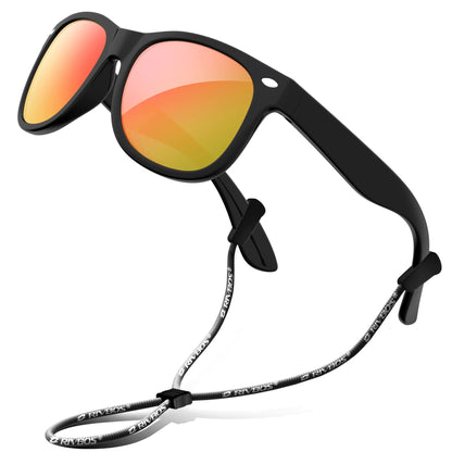 RIVBOS Kids Sunglasses Boys with Strap Polarized Rubber Flexible Shades for Toddler and Children Age 3-10 RBK004-2 Black Ice Red Lens