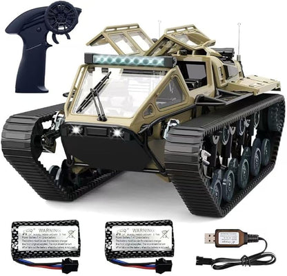RC Tank Car 1:16 Remote Control Crawler 10KM/H High Speed Tank 2.4Ghz RC Rock Crawler Off-Road 4WD 360°Rotating Drifting Car with 2 Batteries Military Truck Toy for Kids