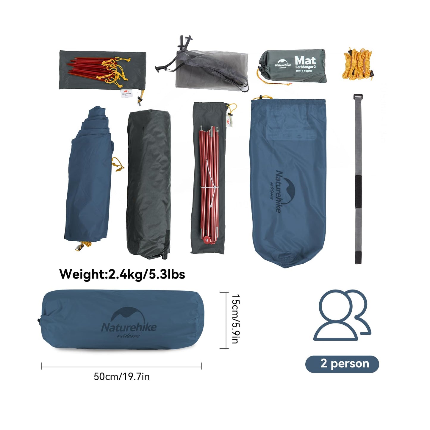 Naturehike Mongar 2 Person Backpacking Tent, 3 Season Camping Tent Ultralight Double Layer Free Standing Two Person Tents for Camping Hiking Cycling