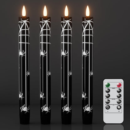 Wondise Black Halloween Flameless Taper Candles with Remote & Timer, Halloween Battery Operated Spider Candles Waxy with 3D Wick Flickering for Halloween Decorations