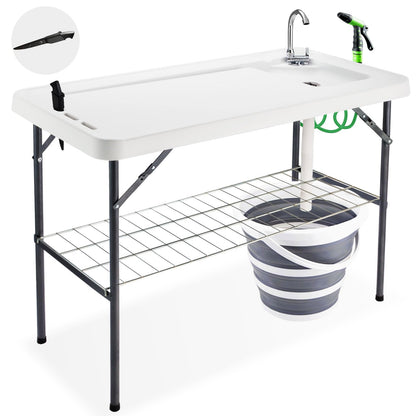 Avocahom Folding Fish Cleaning Table with Collapsible Bucket, Portable Outdoor Fillet Station Camping Sink Table with Faucet, Drainage Hose & Sprayer, Grid Rack, Knife Groove for Picnic Fishing