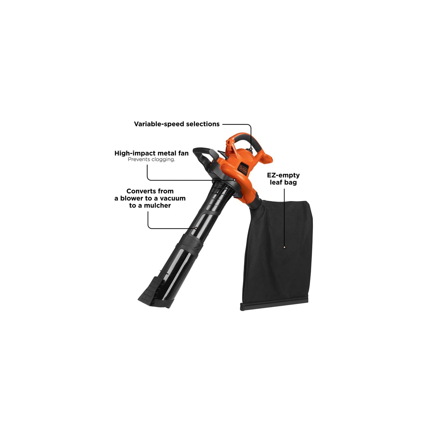 BLACK+DECKER 3-in-1 Electric Leaf Blower, Leaf Vacuum/Mulcher, Up to 250 MPH, Premium Disposable System, Corded, 12-Amp Handheld Lightweight Corded Electric Combo (BV6600)
