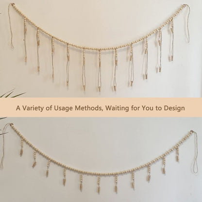 Kintyno Hanging Photo Display with 22 Clips, Wooden Bead Garland, Boho Style Collage Photo Frame Decoration for Dorms, Classrooms, Bedrooms