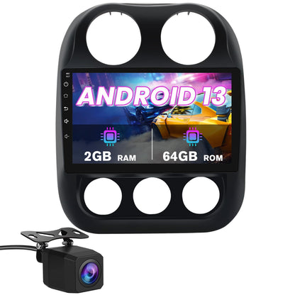 Car Radio for Jeep Compass Patriot 2010–2016, 10.1" Touchscreen Android 13 Stereo Quad-Core | 2GB RAM 64GB ROM | Wireless CarPlay Android Auto | Backup Camera, WiFi, FM AM, Steering Wheel Control