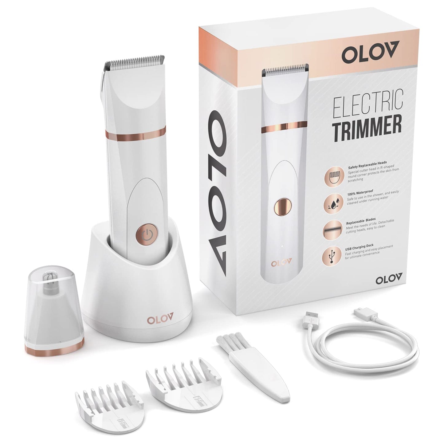 OLOV Electric Body Hair Trimmer - Groin Trimmer for Men - Bikini Trimmer Women - Wet/Dry Shaver Groomer, Replaceable Ceramic Blade Heads, USB Recharge Dock, Waterproof Hygiene Razor,Black