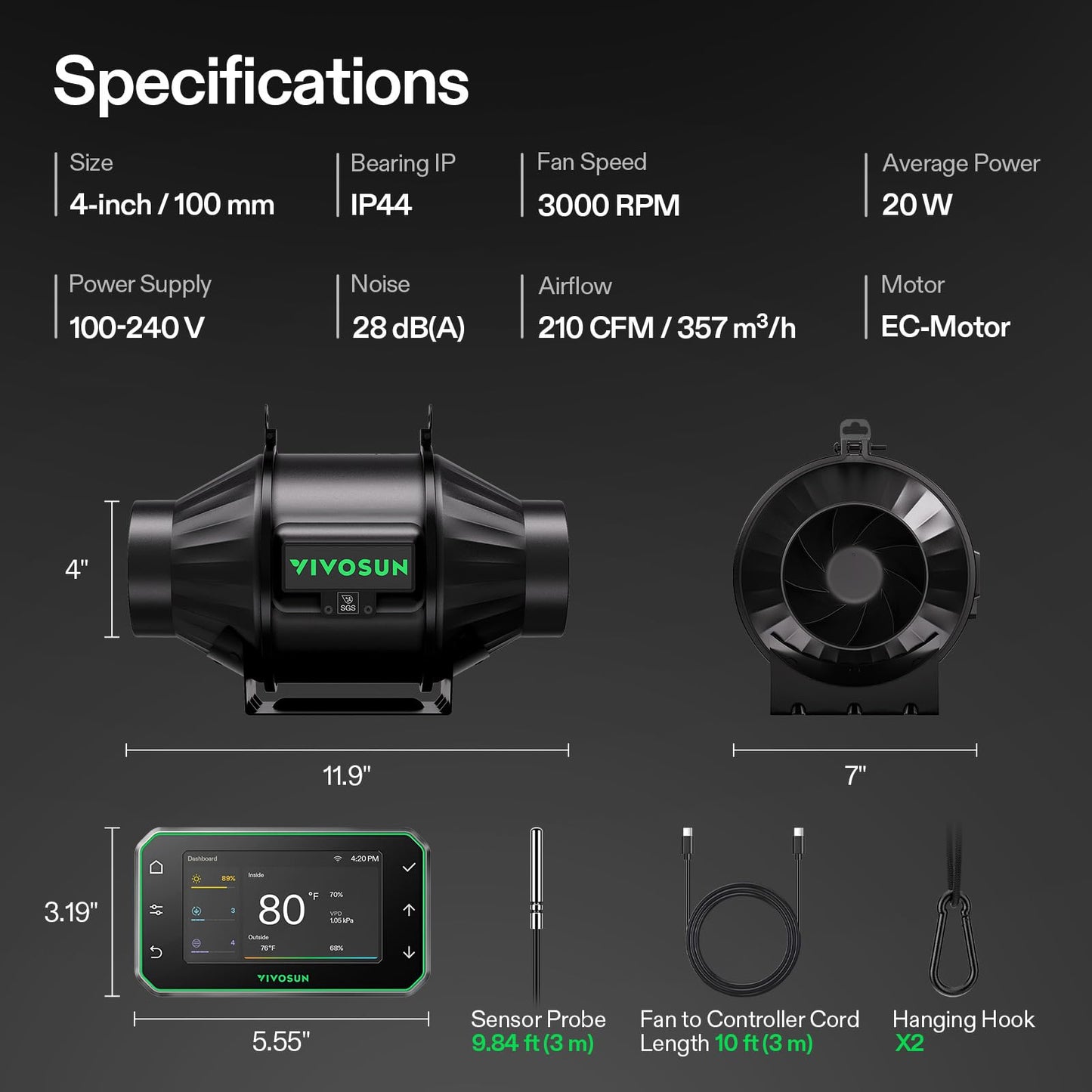 VIVOSUN T4 4" Inline Duct Fan & Temperature Humidity Controller, E42A+ WiFi-App Control AeroZesh Grow Tent Fan& Smart Thermostat, 210 CFM EC Motor Exhaust Fan for Heating Cooling, Greenhouse Accessory