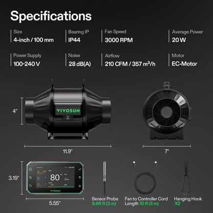 VIVOSUN T4 4" Inline Duct Fan & Temperature Humidity Controller, E42A+ WiFi-App Control AeroZesh Grow Tent Fan& Smart Thermostat, 210 CFM EC Motor Exhaust Fan for Heating Cooling, Greenhouse Accessory
