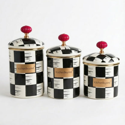 Fairturk Black and White Checkerboard Enamel Canister Set with Red Knob, 3-Piece Cylindrical Food Storage Jars, Set of 3-33/26/24 oz