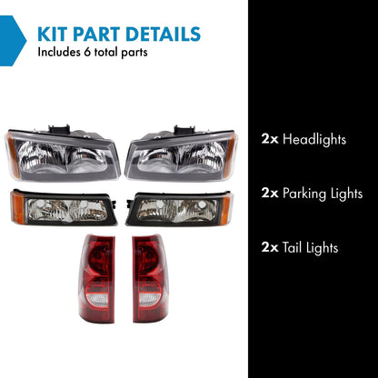 TRQ Headlight Tail Light Assembly Set for 2003 Chevrolet Silverado 1500/2500, Model LKA55978, Black