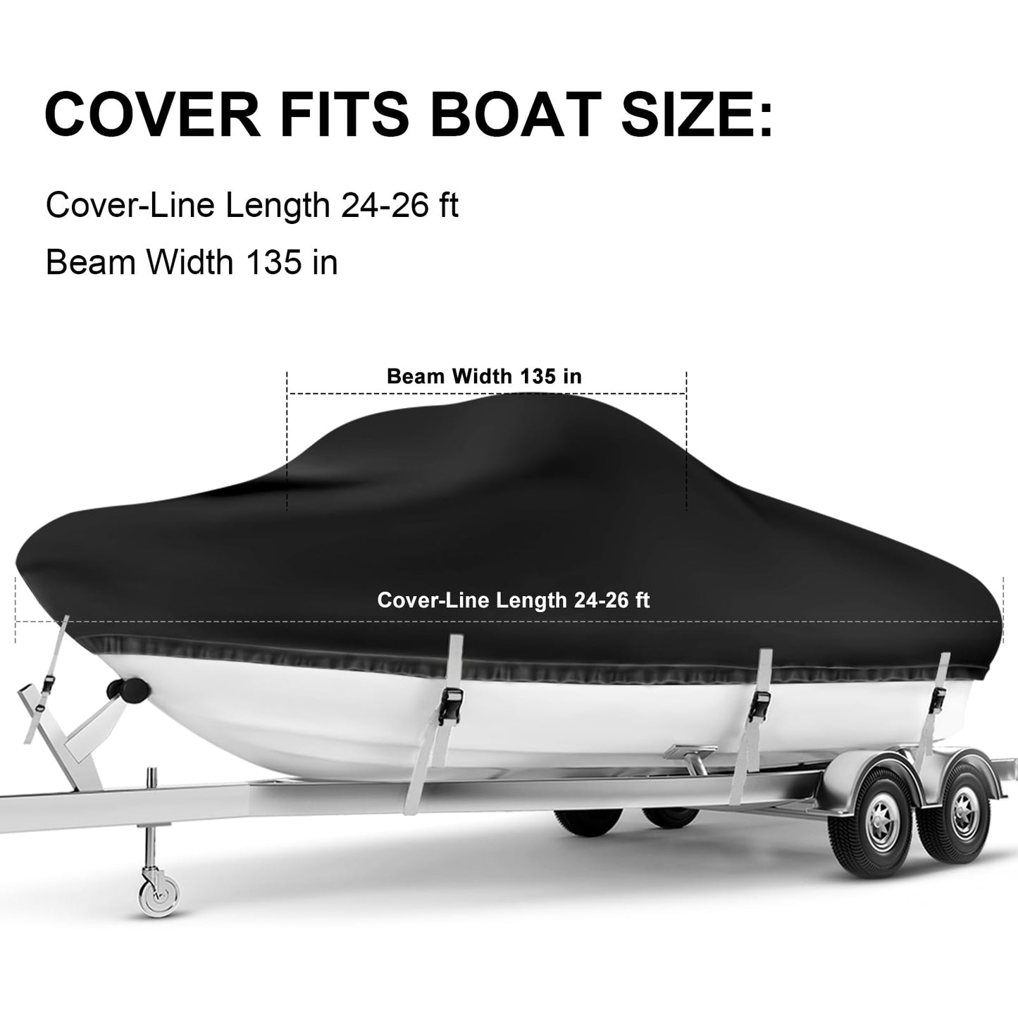 Boat Cover 24-26 ft, Waterproof 1200D Heavy Duty Boat Cover, PU Marine Grade Polyester Boat Covers 24-26 ft, Fits Bass, V-Hull, Tri-Hull, Runabout, Jon, Fishing, Trailerable, Beam Width 135 inch