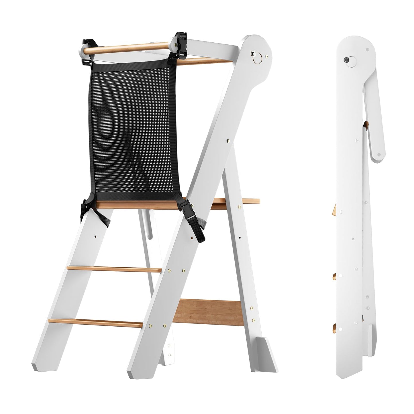 COSYLAND Foldable Toddler Kitchen Stool Helper - Height Adjustable Standing Tower for Bathroom Sink or Kitchen Counter - Step Stool for Toddlers Ages 18 Months to 6 Years White & Natural
