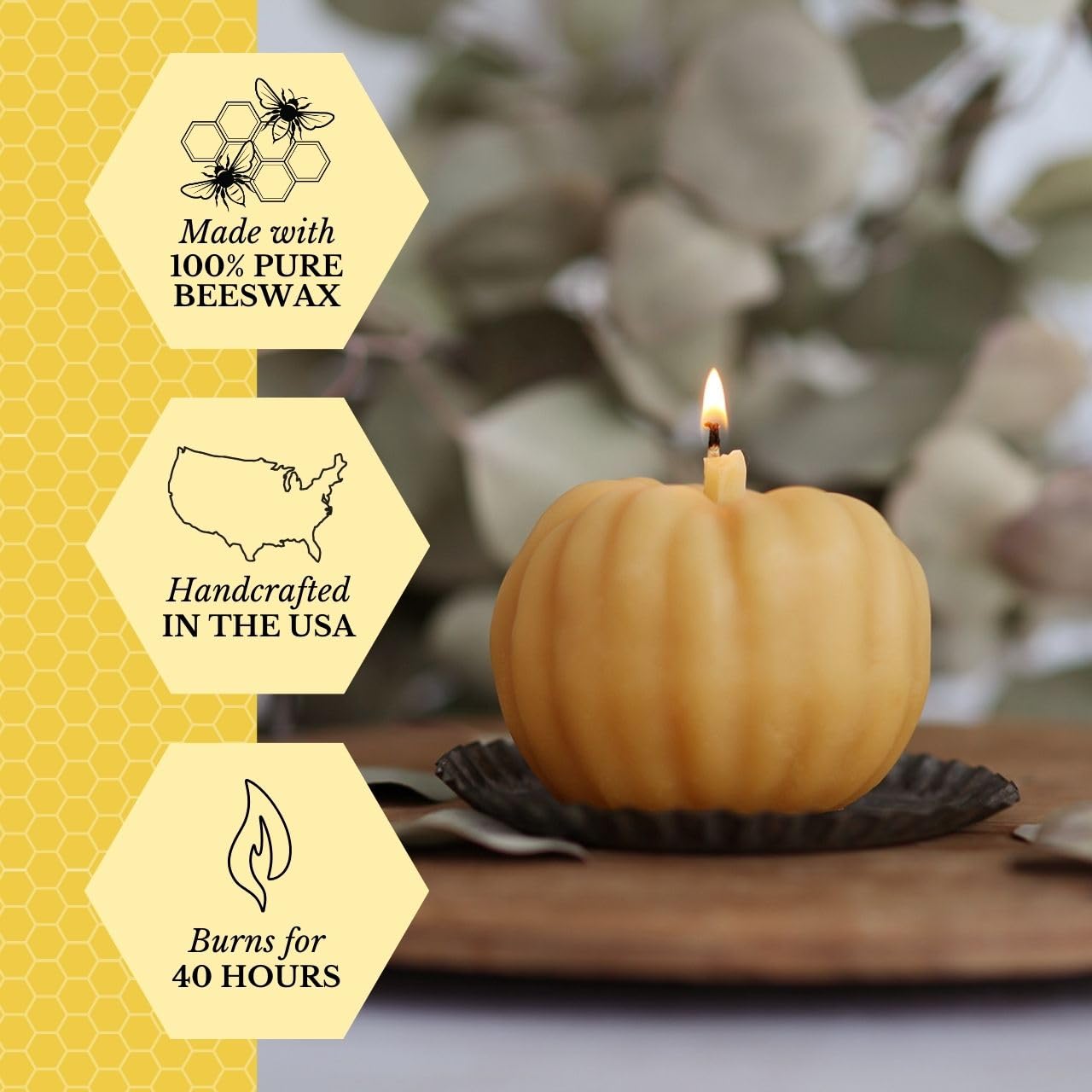 Big Dipper Wax Works Beeswax Pumpkin Candle – Large (4" × 3") Natural | Handcrafted 100% Pure Beeswax Harvest Candle | Unscented 40-Hour Burn | Fall & Thanksgiving Centerpiece