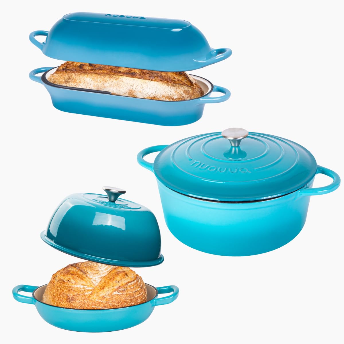 Nuovva Enamelled Cast Iron Cookware Bundle – Dutch Oven Pot with Lid, Casserole Dish & Bread Loaf Pan – Premium Ovenproof Cookware Set for Baking, Roasting & Everyday Cooking