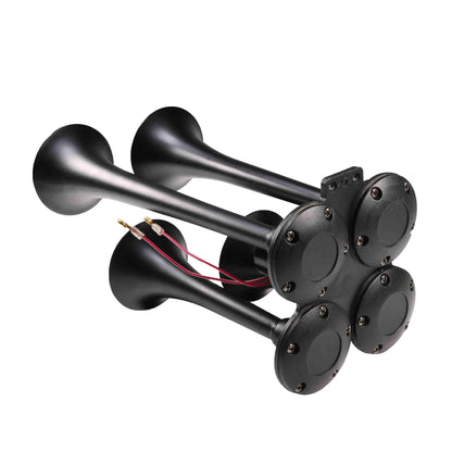 12V 4 Trumpets Train Horn Kit 150psi Complete Onboard System 150psi Air Compressor 1.5 Gallon Air Tank 4 Trumpets Fits Any Vehicle Truck Car Semi Pickup Replacement for Jeep RV SUV Super Loud dB