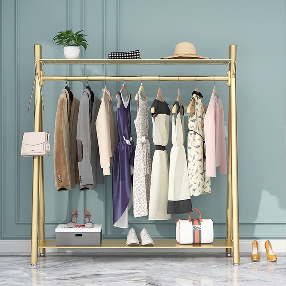 MAIKAILUN Clothes rack Gold, Freestanding Industrial Garment Rack with Double shelves Multi-functional Bedroom Hanging Clothing Rack,Heavy Duty Coat Rack Organizer for Bedroom Shoes 1 pack (39'' L)
