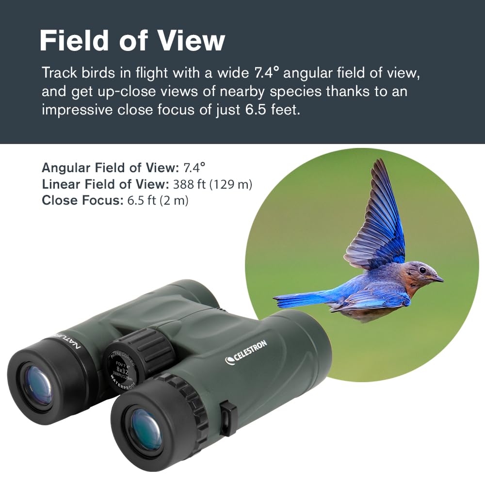 Celestron - Nature DX 8x32 Binoculars – Ideal for Birding and Outdoors – 32mm Objective Lenses – Wide 7.4° Field of View – BaK-4 Prisms – Fully Multi-Coated – Waterproof and Fogproof