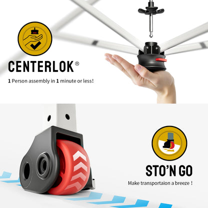CROWN SHADES 10x10 Pop Up Canopy, Patented CenterLok One Push Tent Canopy, Newly Designed STO-N-GO Storage Bag, 8 Stakes, 4 Ropes (10x10, White)