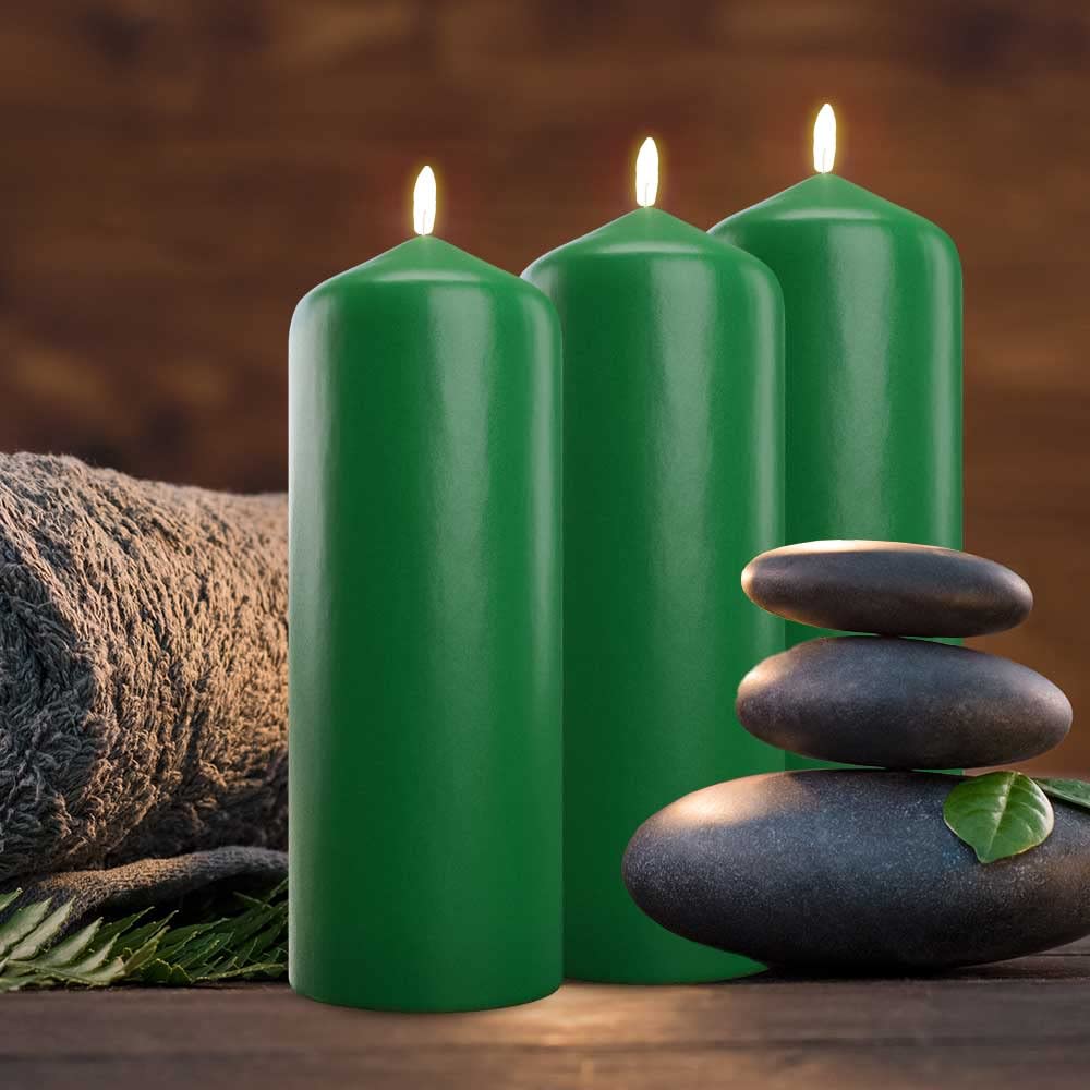 Cone Top Pillar Candles by Bask - Set of 6-3" x 6" Dripless Unscented Holiday Candles in Green for Home Decor, Relaxation & All Occasions