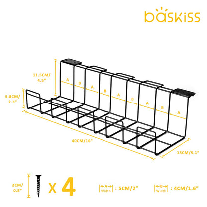 2 Packs Cable Management Tray, 16" Under Desk Organizer for Wire Organization, Metal Holder for Desktop Computer Home Office Kitchen Workstation to Cover and Hide Power Strips (Black)