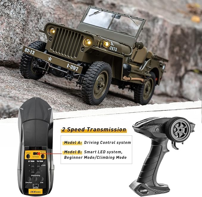 Rochobby FMS 1/12 1941 MB Scaler RC Jeep 4x4 Hobby Grade RTR RC Car Mini RC Rock Crawler Army Military 2.4Ghz RC Truck with LED Lights Battery and USB Charger for Adults