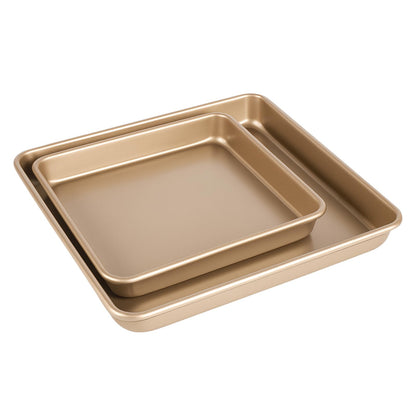 Barlket Square Baking Sheet 11x11 Inch and 9x9 Inch, Heavy Duty Non-Stick Baking Pan 28x28 for Toaster Oven, for Bread, Brownie and Cookie, Heats Evenly and Easy Release, Set of 2, Champagne Gold