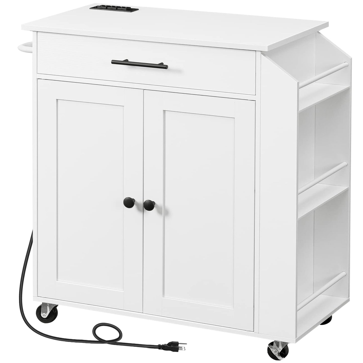 HOOBRO Kitchen Island with Power Outlet, Kitchen Storage Island with Spice Rack and Drawer, Rolling Kitchen Cart on Wheels, for Home, Kitchen and Dining Room, White WT82UZD01G1