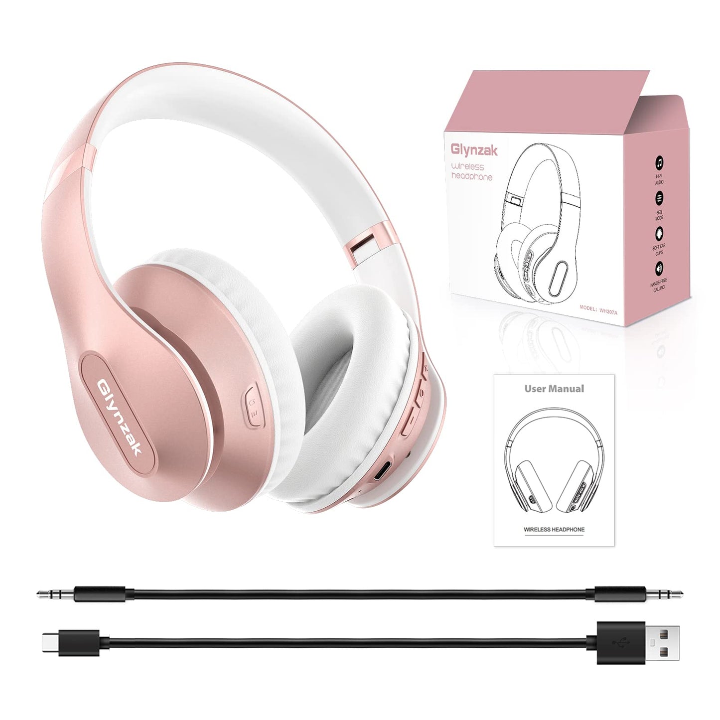 Glynzak Wireless Bluetooth Headphones Over Ear 65H Playtime HiFi Stereo Headset with Microphone and 6EQ Modes Foldable Bluetooth V5.3 Headphones for Travel Smartphone Computer Laptop Rose Gold