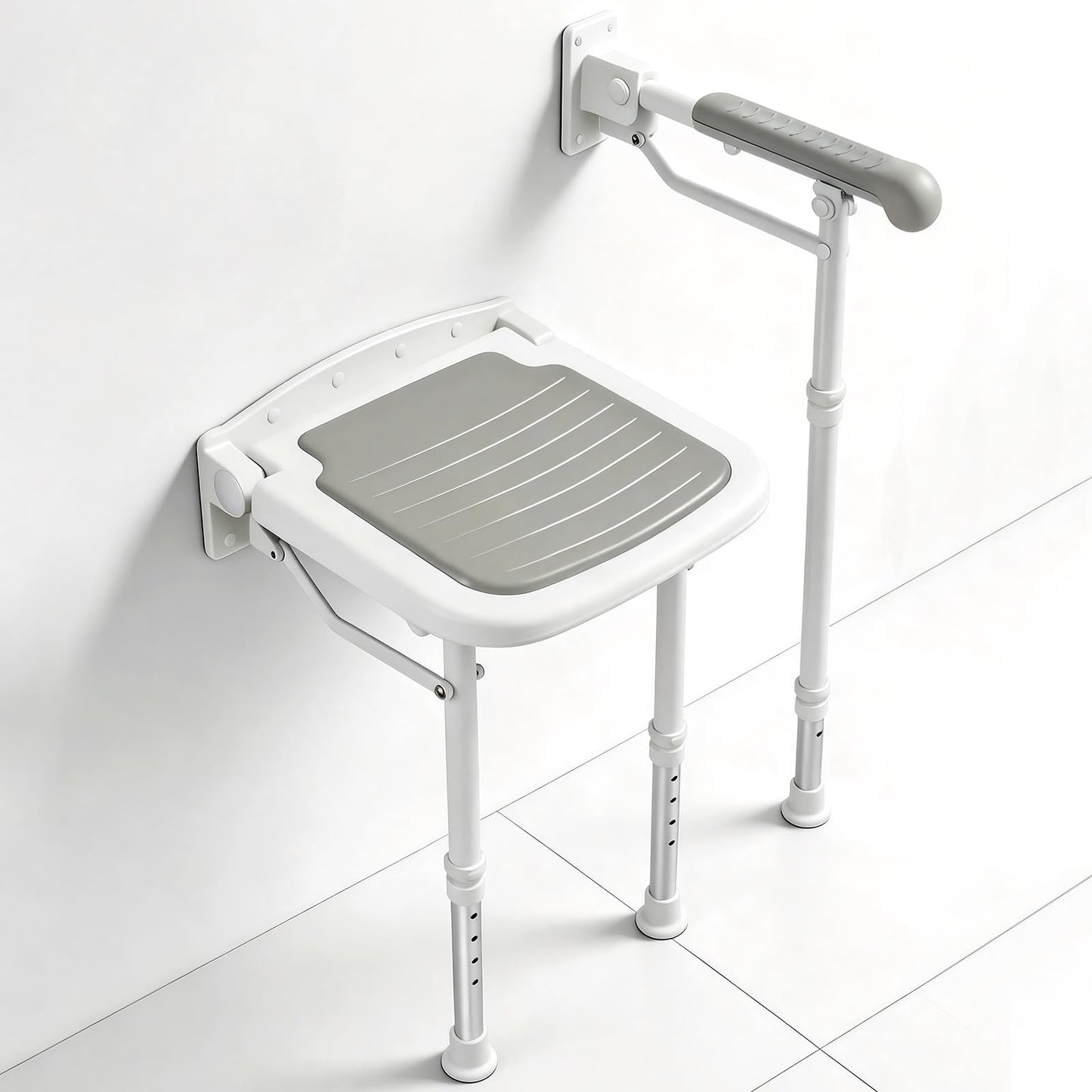 Caredear Folding Shower Seat with Adjustable PU Grab Bar, 550lbs Heavy Duty Fold Down Bath Bench with Legs, Non-Slip Comfort Grip and Removable Cushion, Wall Mounted Chairs for Seniors