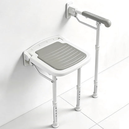 Caredear Folding Shower Seat with Adjustable PU Grab Bar, 550lbs Heavy Duty Fold Down Bath Bench with Legs, Non-Slip Comfort Grip and Removable Cushion, Wall Mounted Chairs for Seniors