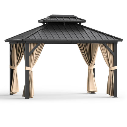 10' x 12' Hardtop Gazebo, All-Weather Aluminum Frame Outdoor Canopy with Double Polycarbonate Roof, Permanent Outdoor Gazebo with Netting & Curtains for Garden, Lawns, Patio, Khaki.