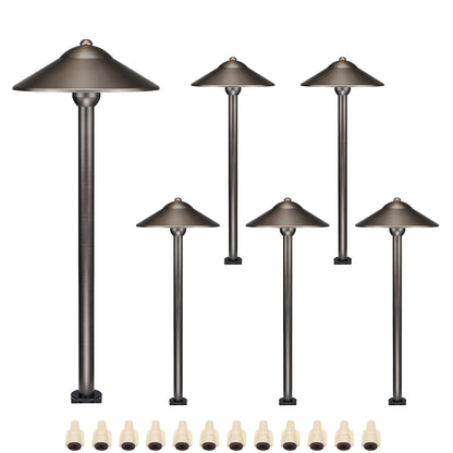 DOSHINE® Solid Brass Low Voltage Landscape Lighting Pathway Lights (9" Shade, 22" Tall) with Replaceable 3W G4 LED Bulb 3000K AC/DC 12V and Ground Stake for Outdoor Walkway Driveway (UFO, 6-Pack)