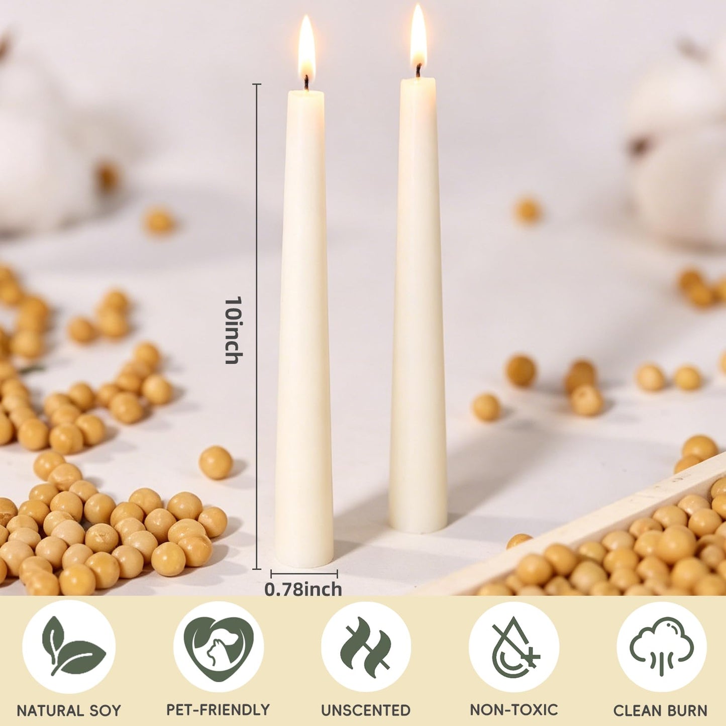 TRIRITE White Soy Taper Candles, 10 Inch Unscented Taper Candles Handmade Dinner Candle, Dripless & Smokeless Non-Toxic Soy Candle for Wedding Holiday Party Home Decoration, 9-8 Hour,12 Pack