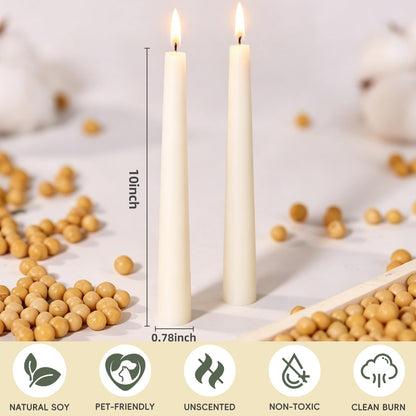 TRIRITE White Soy Taper Candles, 10 Inch Unscented Taper Candles Handmade Dinner Candle, Dripless & Smokeless Non-Toxic Soy Candle for Wedding Holiday Party Home Decoration, 9-8 Hour,12 Pack
