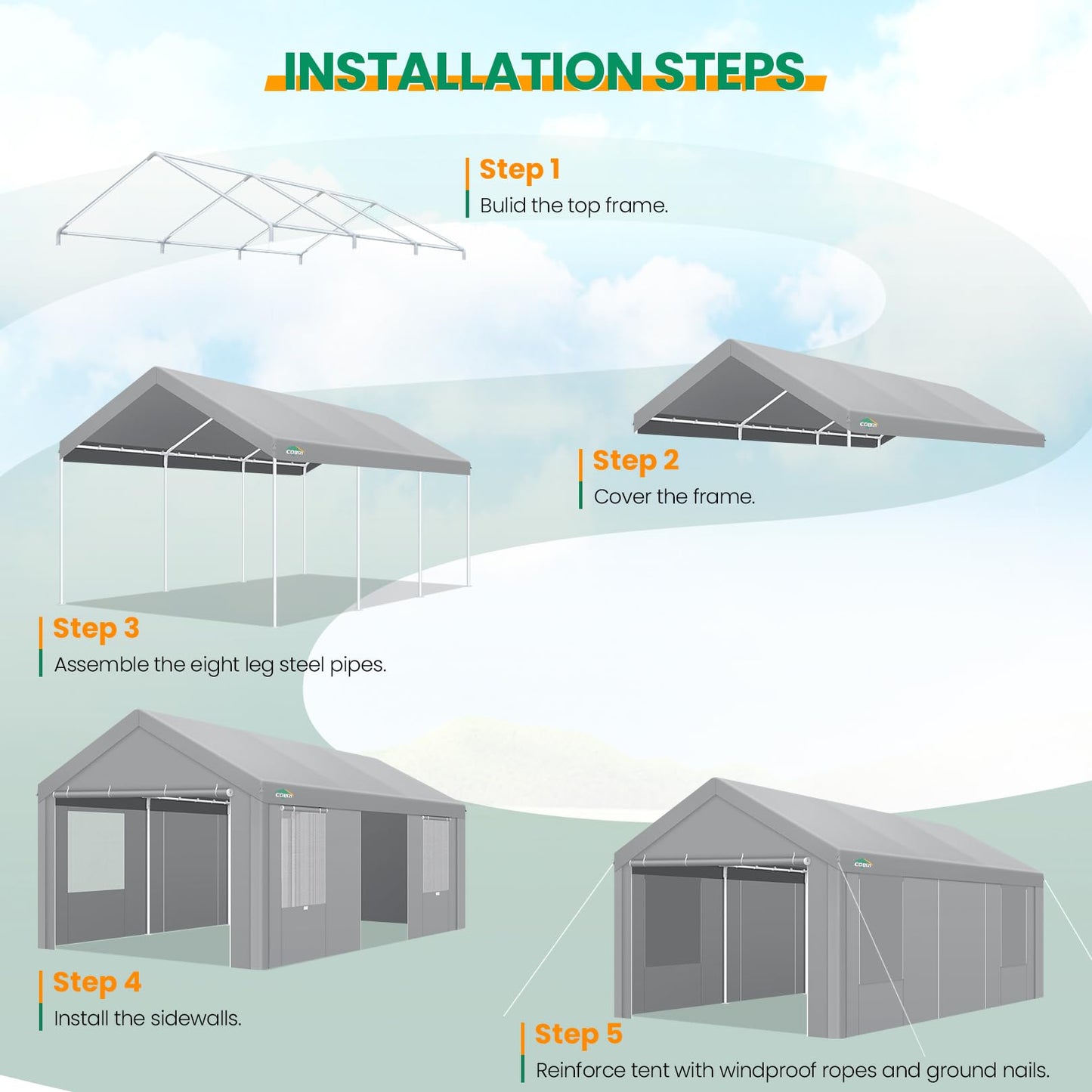 COBIZI Carport Canopy 12x20 Heavy Duty Portable Garage with Removable Sidewalls & Doors, Car Port Canopy Tent with Built-in Sandbags & All-Season Tarp for Car Boat Truck, Gray
