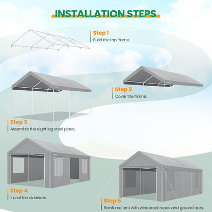 COBIZI Carport Canopy 12x20 Heavy Duty Portable Garage with Removable Sidewalls & Doors, Car Port Canopy Tent with Built-in Sandbags & All-Season Tarp for Car Boat Truck, Gray