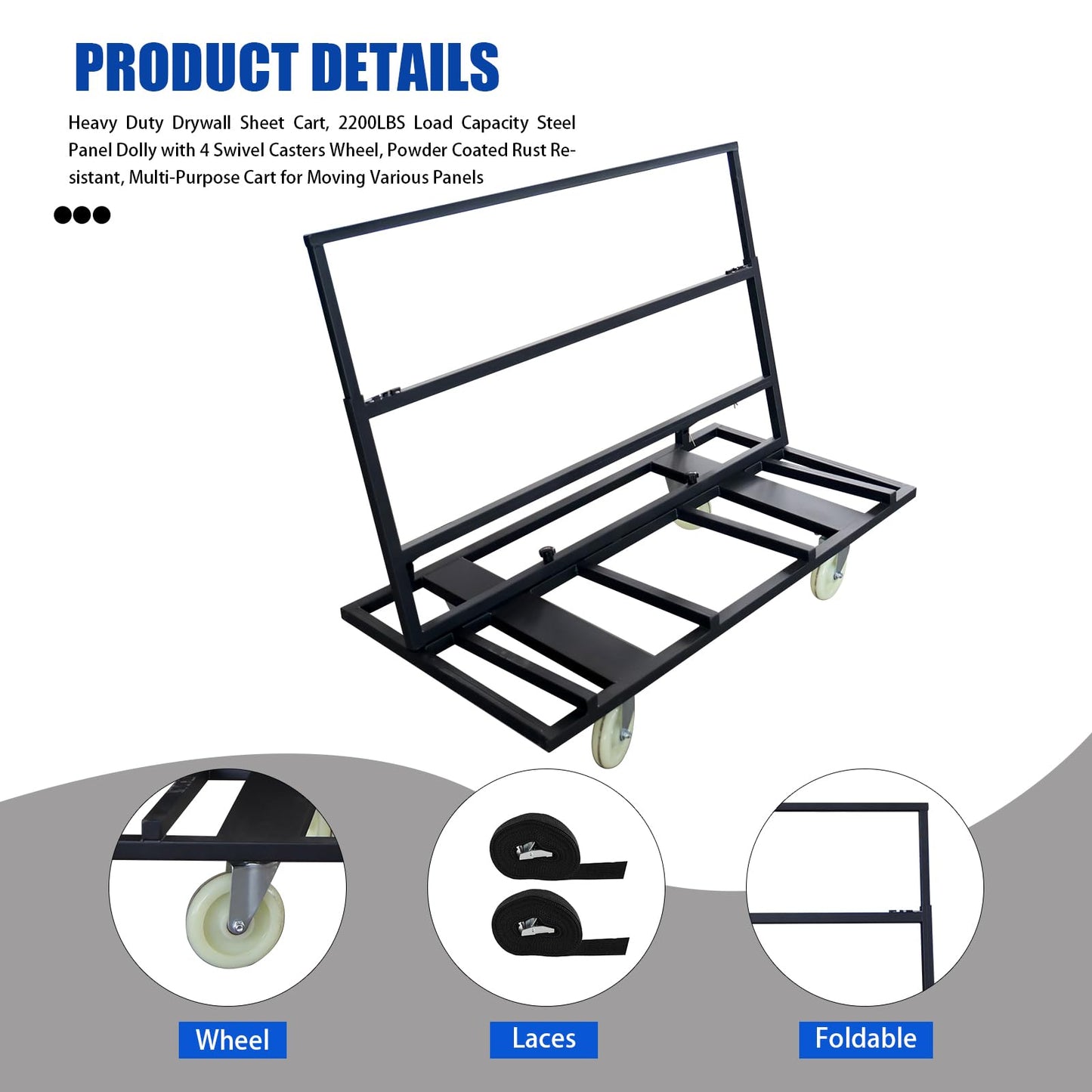 Folding Table Cart Dolly, 1800 LBS Heavy Duty Panel Truck with 4 Swivel Casters, Expandable Foldable Cart with Strap for Plywood, Plasterboard, Warehouse & Party Use
