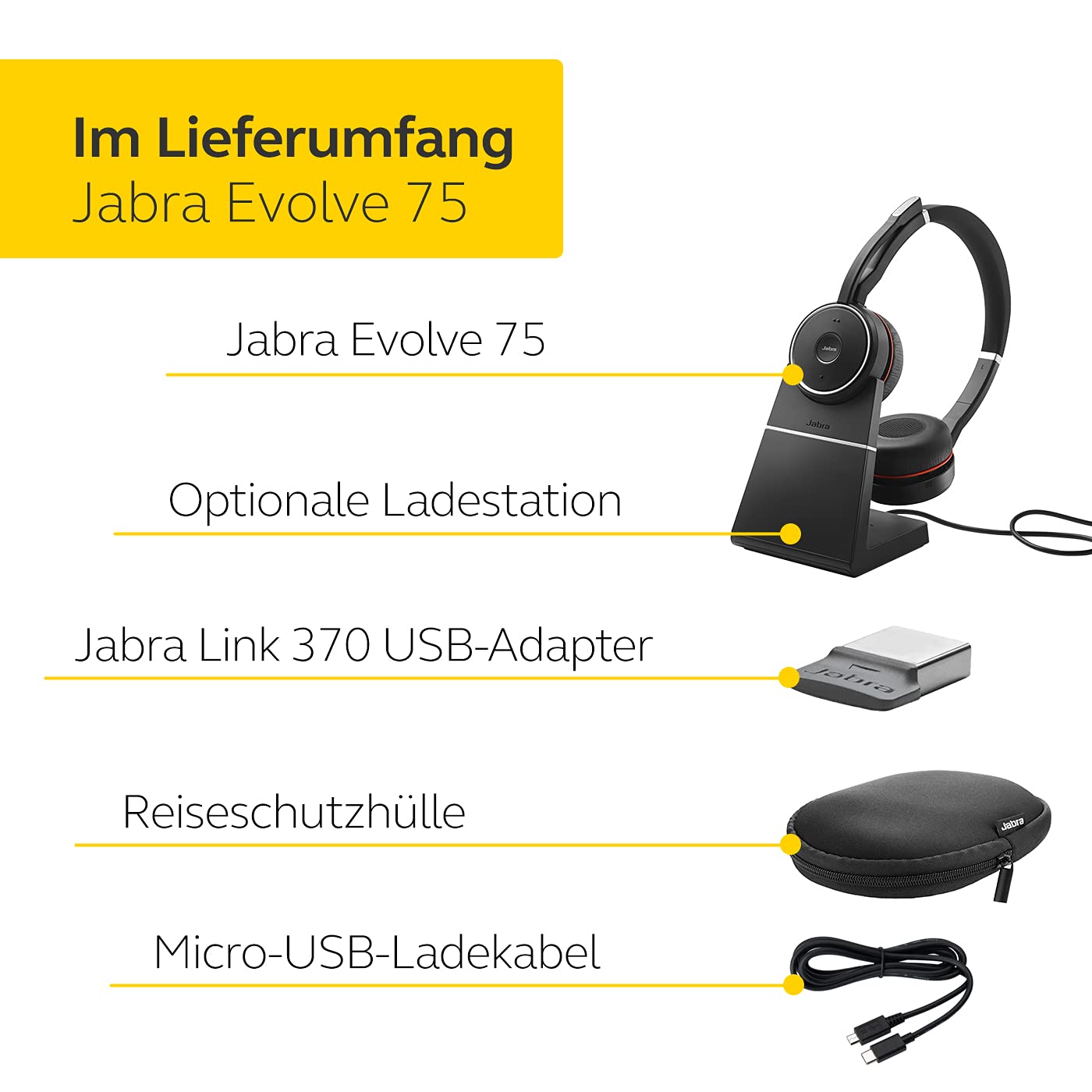 Jabra Evolve 75 MS Wireless Headset, Stereo – Includes Link 370 USB Adapter and Charging Stand – Bluetooth Headset with World-Class Speakers, Active Noise-Cancelling Microphone, All Day Battery