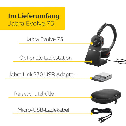 Jabra Evolve 75 MS Wireless Headset, Stereo – Includes Link 370 USB Adapter and Charging Stand – Bluetooth Headset with World-Class Speakers, Active Noise-Cancelling Microphone, All Day Battery