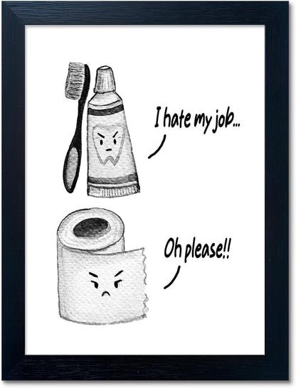 Skiennix Kids Bathroom Decor - Black and White Framed Art Print | Funny Toilet Paper & Toothbrush Design