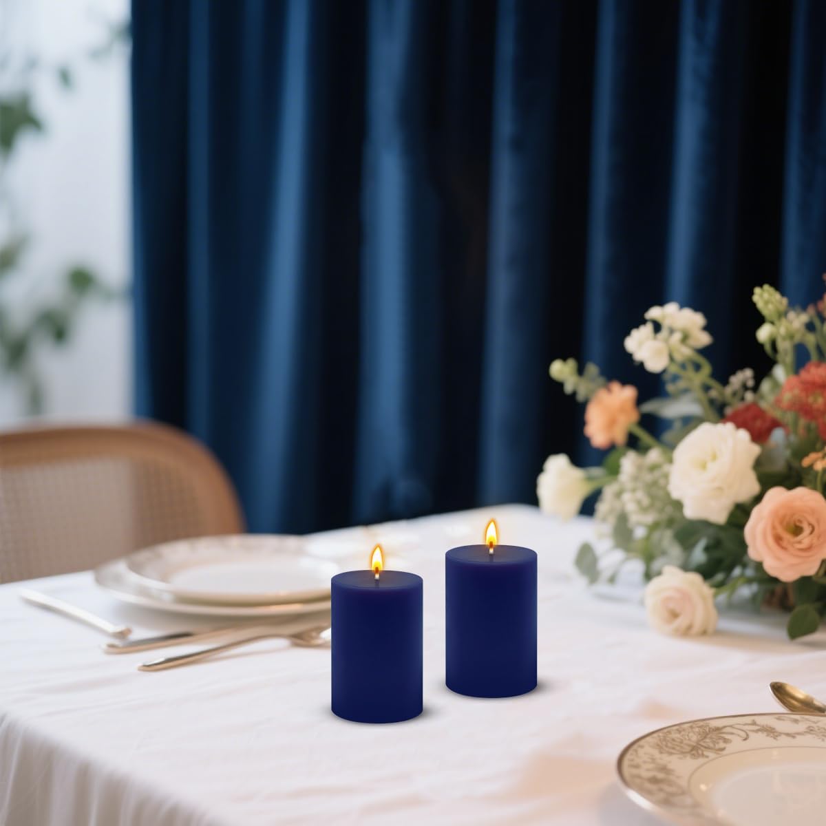 2x3 Inch Navy-Blue Pillar Candles, 12 Pack Unscented Column Candles for Home Restaurants Spa Church Weddings, Smokeless Dripless and Clean Burning Emergency Candle