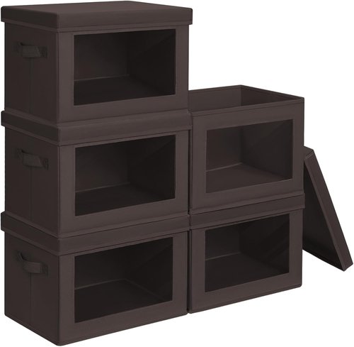 Homsorout Stackable Storage Bins - Large Fabric Organizer Baskets with Lids, 5-Pack, Brown
